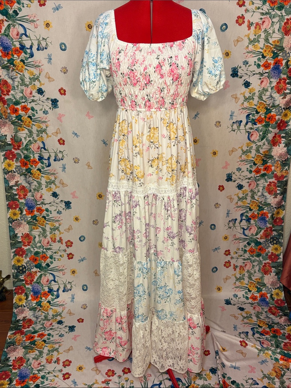 Bohemian Tiered Floral Pastel Maxi Dress in Multi-Color w/ Lace - Picture 2 of 11